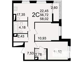 2-к квартира, вторичка, 57м2, 11/25 этаж