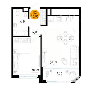 1-к квартира, вторичка, 44м2, 2/25 этаж