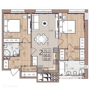 2-к квартира, вторичка, 69м2, 3/9 этаж