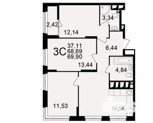 3-к квартира, вторичка, 69м2, 18/25 этаж