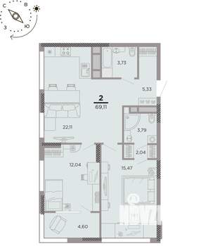 2-к квартира, вторичка, 69м2, 7/25 этаж