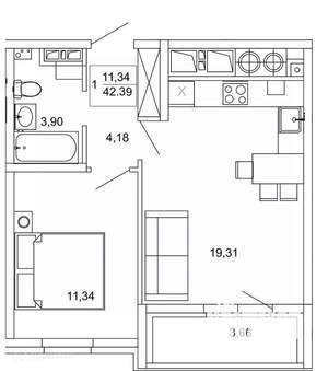 1-к квартира, вторичка, 42м2, 4/26 этаж