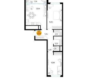 2-к квартира, вторичка, 70м2, 23/25 этаж