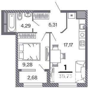 1-к квартира, строящийся дом, 39м2, 3/25 этаж