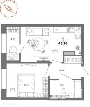 1-к квартира, вторичка, 43м2, 3/24 этаж
