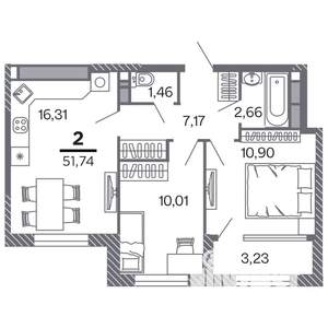 2-к квартира, строящийся дом, 52м2, 25/25 этаж