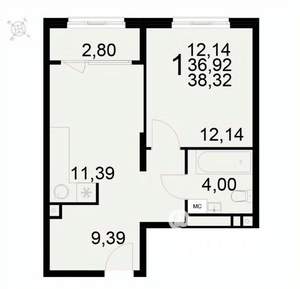 1-к квартира, вторичка, 38м2, 2/22 этаж