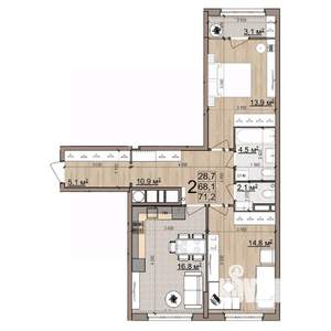 2-к квартира, вторичка, 71м2, 14/25 этаж