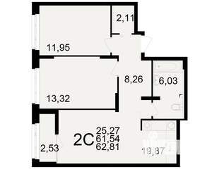2-к квартира, вторичка, 62м2, 6/25 этаж