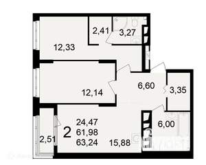 2-к квартира, вторичка, 63м2, 23/24 этаж