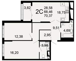 2-к квартира, вторичка, 68м2, 8/26 этаж