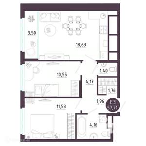 2-к квартира, вторичка, 58м2, 13/19 этаж