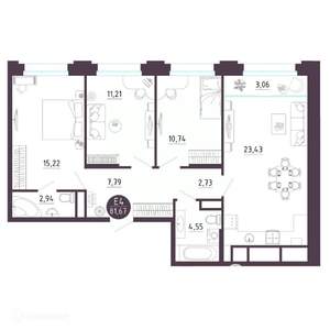 3-к квартира, вторичка, 82м2, 12/19 этаж