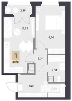 1-к квартира, строящийся дом, 48м2, 5/13 этаж