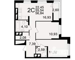 2-к квартира, вторичка, 56м2, 18/25 этаж