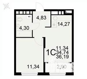 1-к квартира, вторичка, 36м2, 14/22 этаж