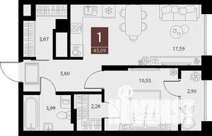 1-к квартира, вторичка, 45м2, 7/15 этаж
