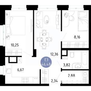 2-к квартира, вторичка, 46м2, 8/14 этаж