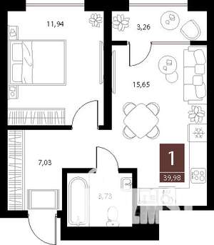 1-к квартира, вторичка, 40м2, 4/15 этаж