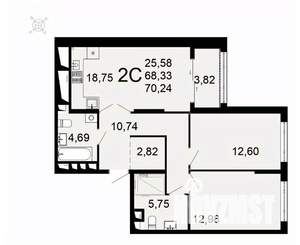 2-к квартира, вторичка, 70м2, 4/26 этаж