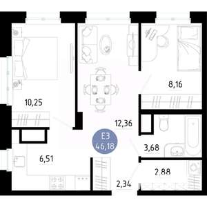 2-к квартира, вторичка, 46м2, 12/14 этаж