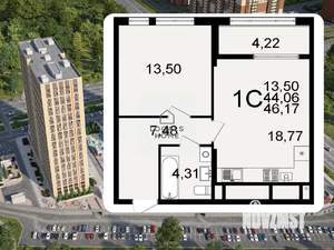 1-к квартира, вторичка, 46м2, 22/26 этаж