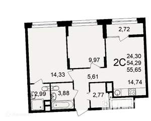 2-к квартира, вторичка, 56м2, 2/26 этаж