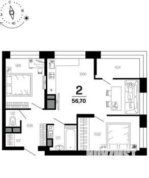 2-к квартира, вторичка, 57м2, 1/21 этаж