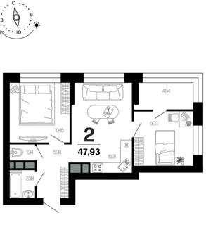 2-к квартира, вторичка, 48м2, 16/21 этаж