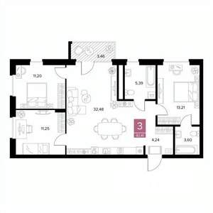 3-к квартира, строящийся дом, 82м2, 3/9 этаж
