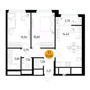 2-к квартира, вторичка, 51м2, 10/25 этаж