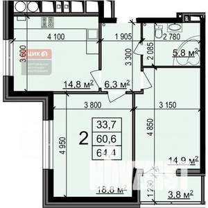 2-к квартира, вторичка, 64м2, 9/25 этаж