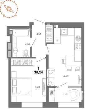 1-к квартира, вторичка, 38м2, 3/22 этаж