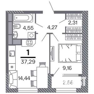 1-к квартира, строящийся дом, 37м2, 2/25 этаж