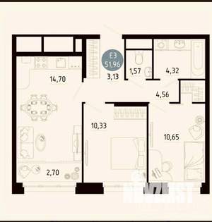 2-к квартира, вторичка, 52м2, 13/20 этаж