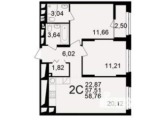 2-к квартира, вторичка, 58м2, 22/25 этаж