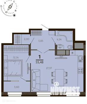 1-к квартира, вторичка, 55м2, 5/8 этаж