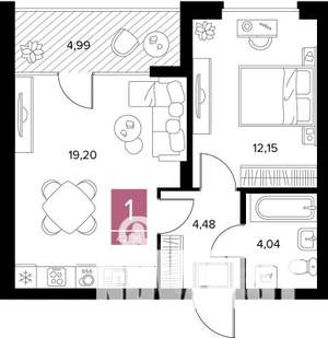 1-к квартира, вторичка, 42м2, 2/9 этаж