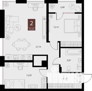 2-к квартира, вторичка, 70м2, 12/15 этаж