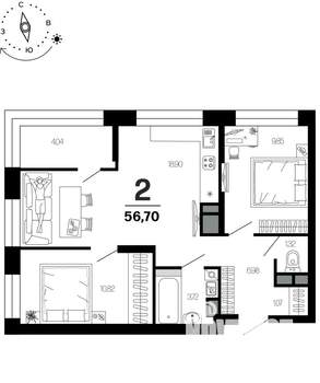 2-к квартира, вторичка, 57м2, 12/21 этаж