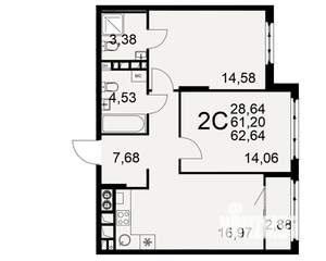 2-к квартира, вторичка, 61м2, 6/10 этаж