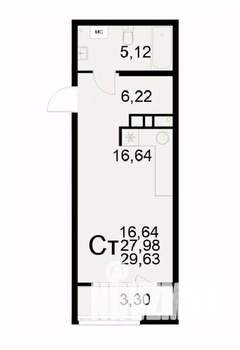 1-к квартира, вторичка, 30м2, 3/22 этаж