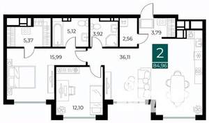 2-к квартира, вторичка, 85м2, 10/13 этаж