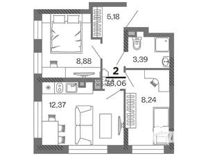 2-к квартира, вторичка, 38м2, 2/25 этаж