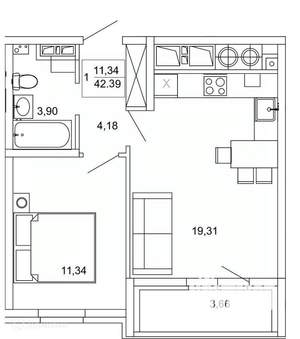 1-к квартира, вторичка, 42м2, 3/26 этаж