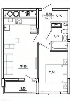 1-к квартира, вторичка, 43м2, 11/26 этаж