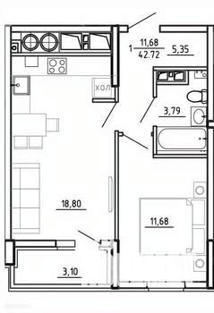1-к квартира, вторичка, 43м2, 5/26 этаж