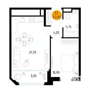 1-к квартира, вторичка, 44м2, 7/25 этаж