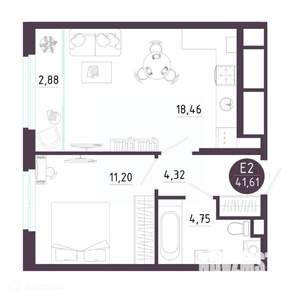 1-к квартира, вторичка, 42м2, 3/19 этаж
