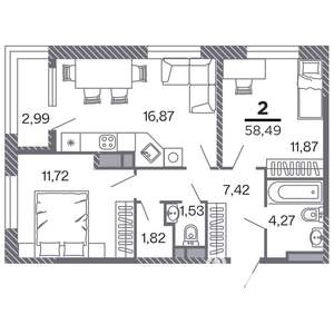 2-к квартира, строящийся дом, 58м2, 7/25 этаж